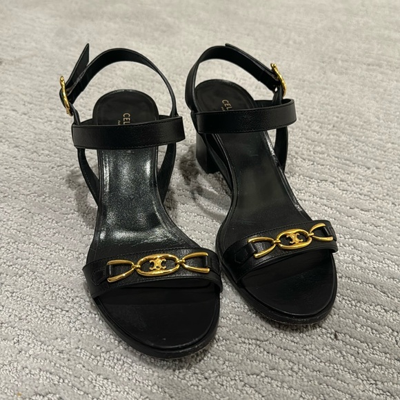 Celine Black Triomphe Leather Slingback Sandals - Picture 1 of 7